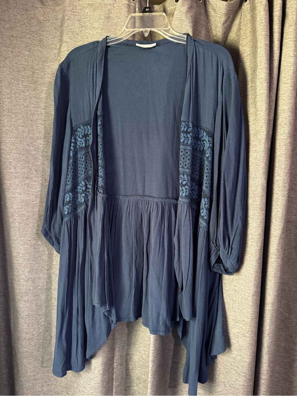 Women’s Open-Front Navy Cardigan with Crochet Panels